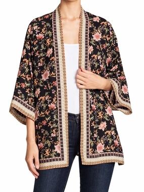 Max Studio Floral Boho Kimono Cardigan Black Open Front Lightweight Cover Up Med
